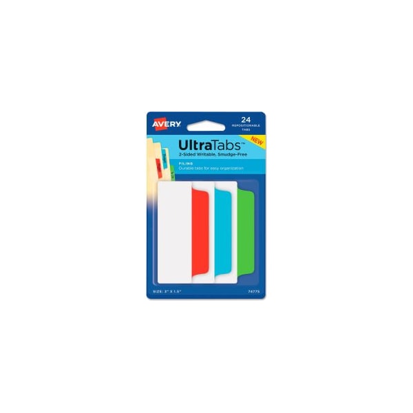 Avery Dennison Avery Ultra Tabs Repositionable Tabs, 3in x 1-1/2in, Primary: Blue, Green, Red, 24/Pack 74775 - main
